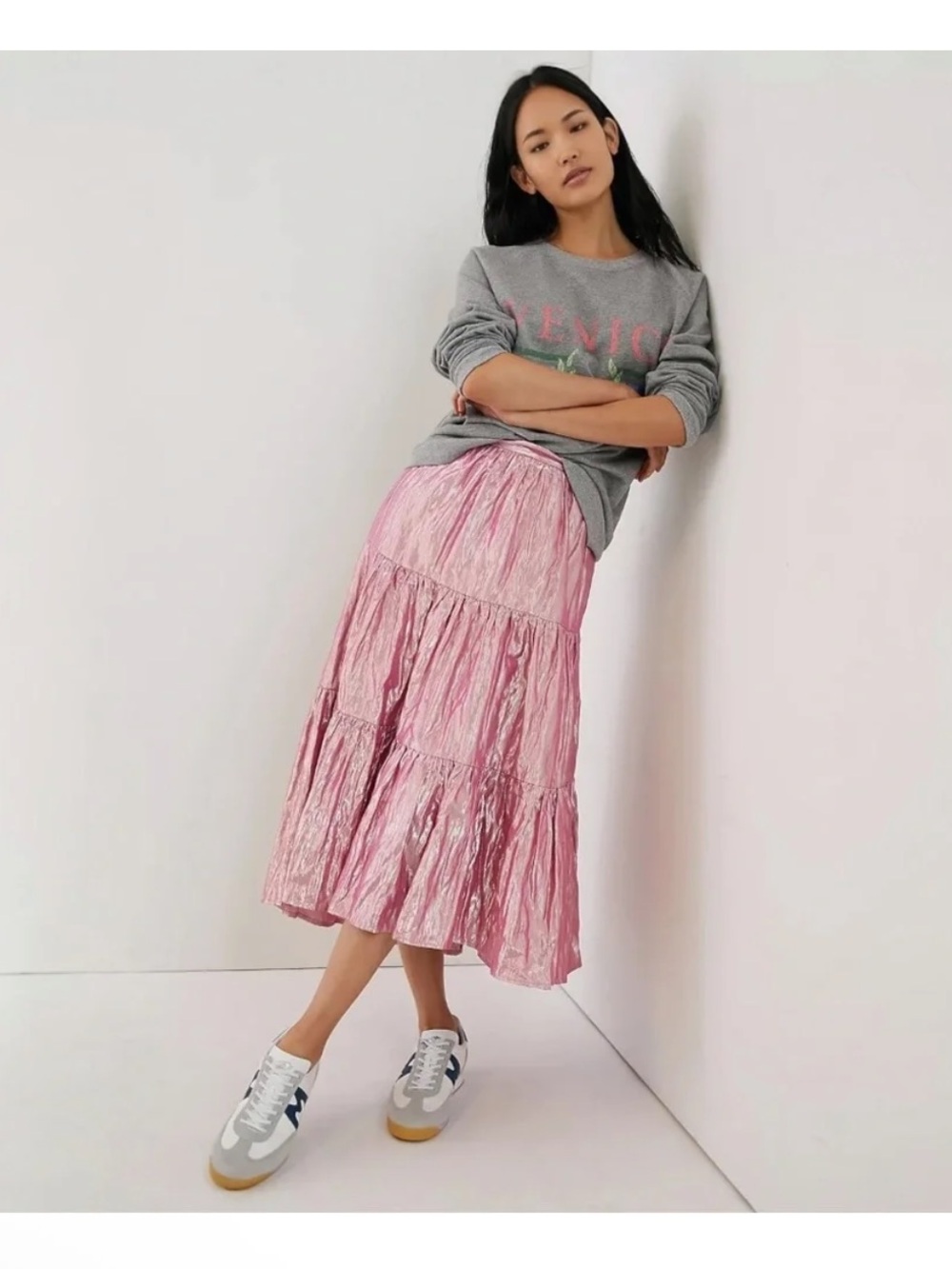 Maeve Alicia Crinkled Metallic Pink Tiered Maxi Skirt Shimmer size 10 NWT